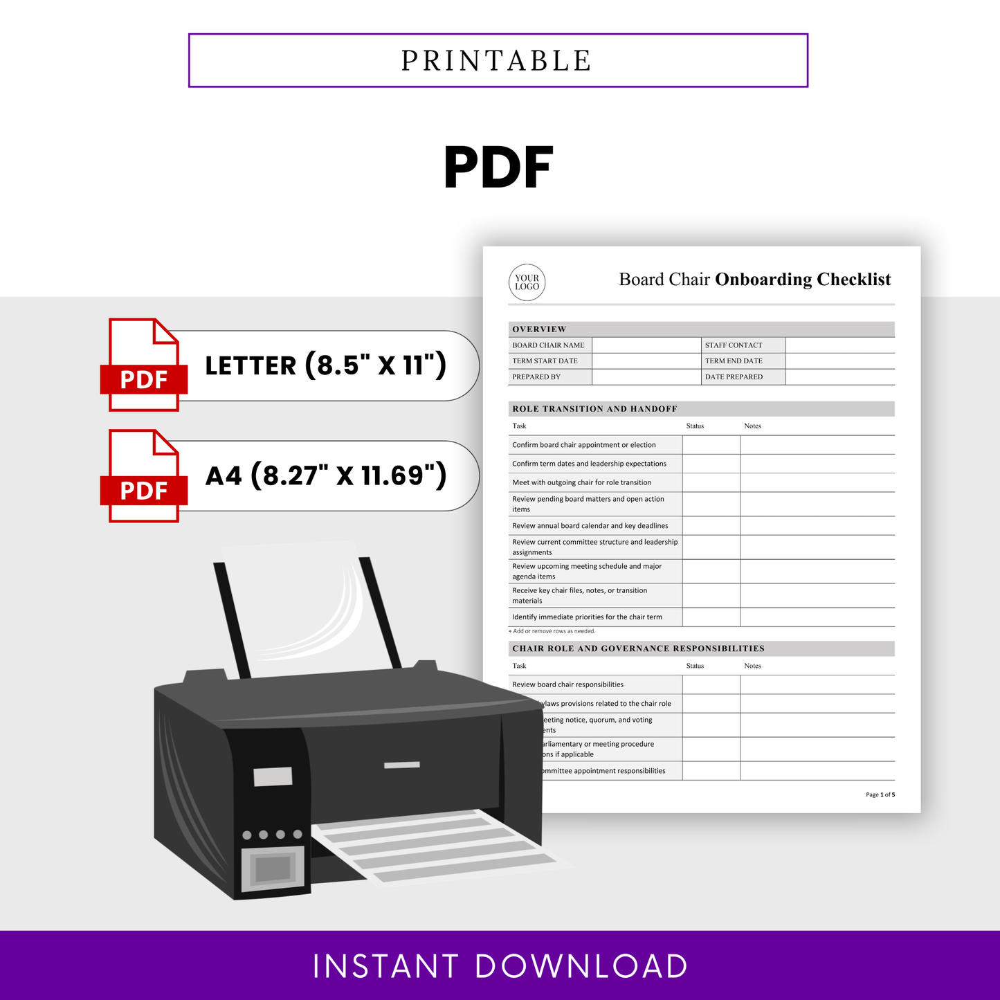 Printable PDF nonprofit board chair onboarding checklist template showing Letter and A4 sizes, clean professional checklist layout, ready-to-print nonprofit leadership onboarding document, and instant download governance planning worksheet