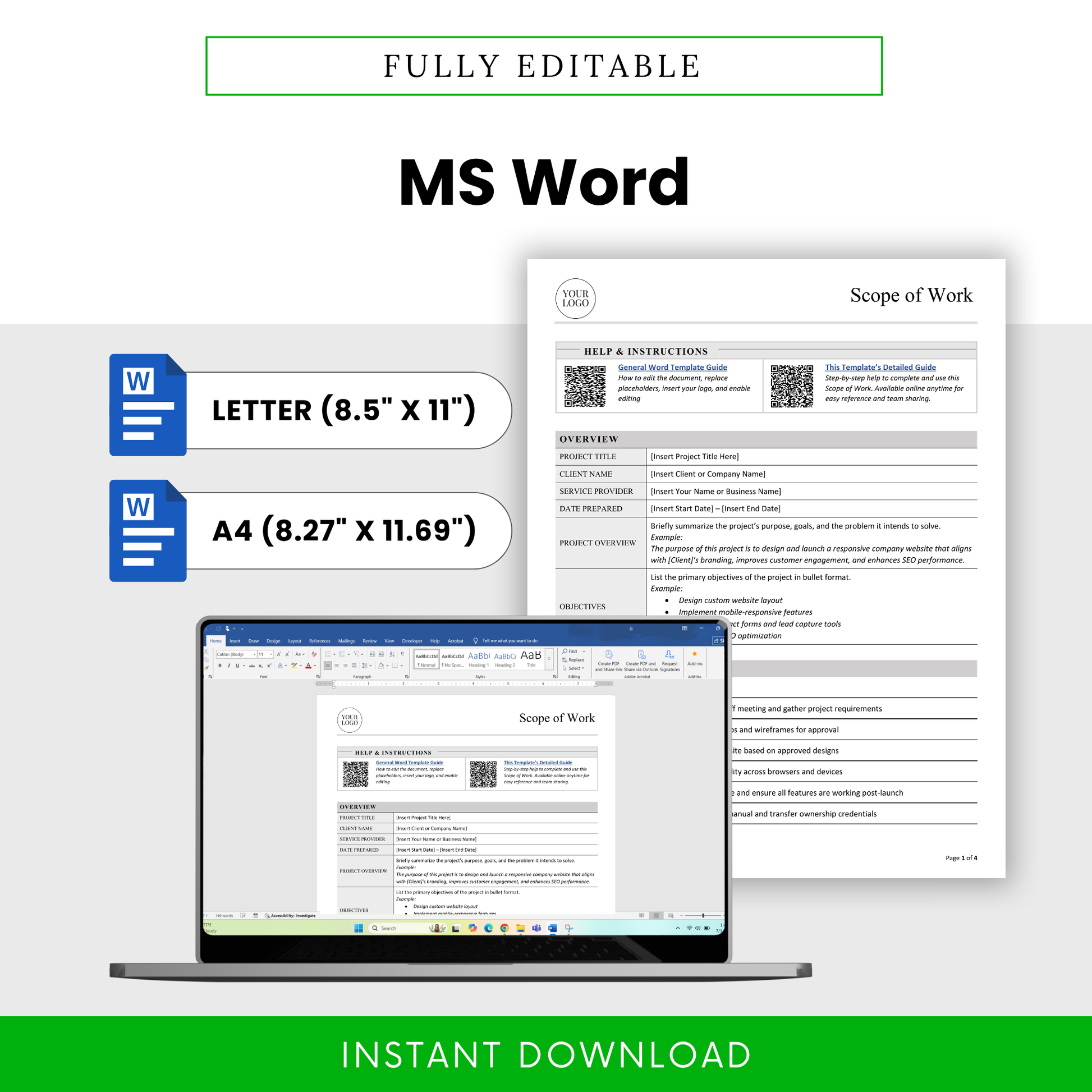 Editable scope of work template in Microsoft Word format available in US Letter and A4 sizes for easy customization