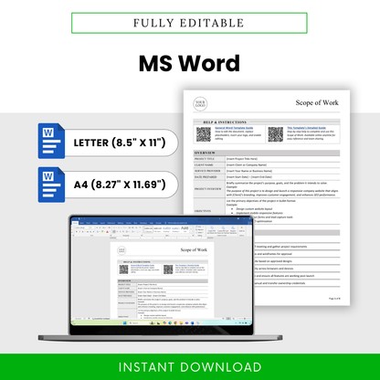 Editable scope of work template in Microsoft Word format available in US Letter and A4 sizes for easy customization