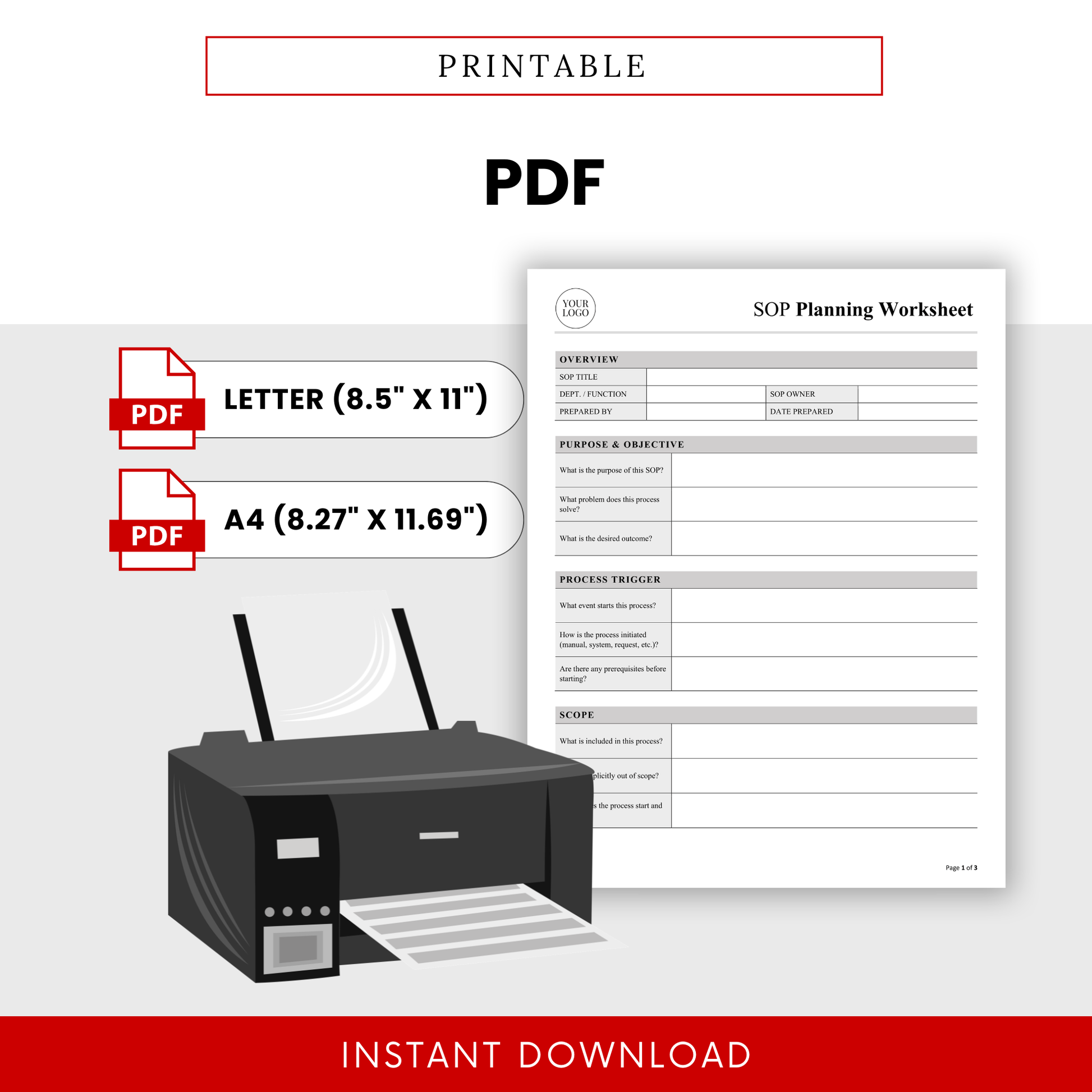 printable SOP worksheet PDF template with letter and A4 sizes, business process planner ready for printing and workflow documentation