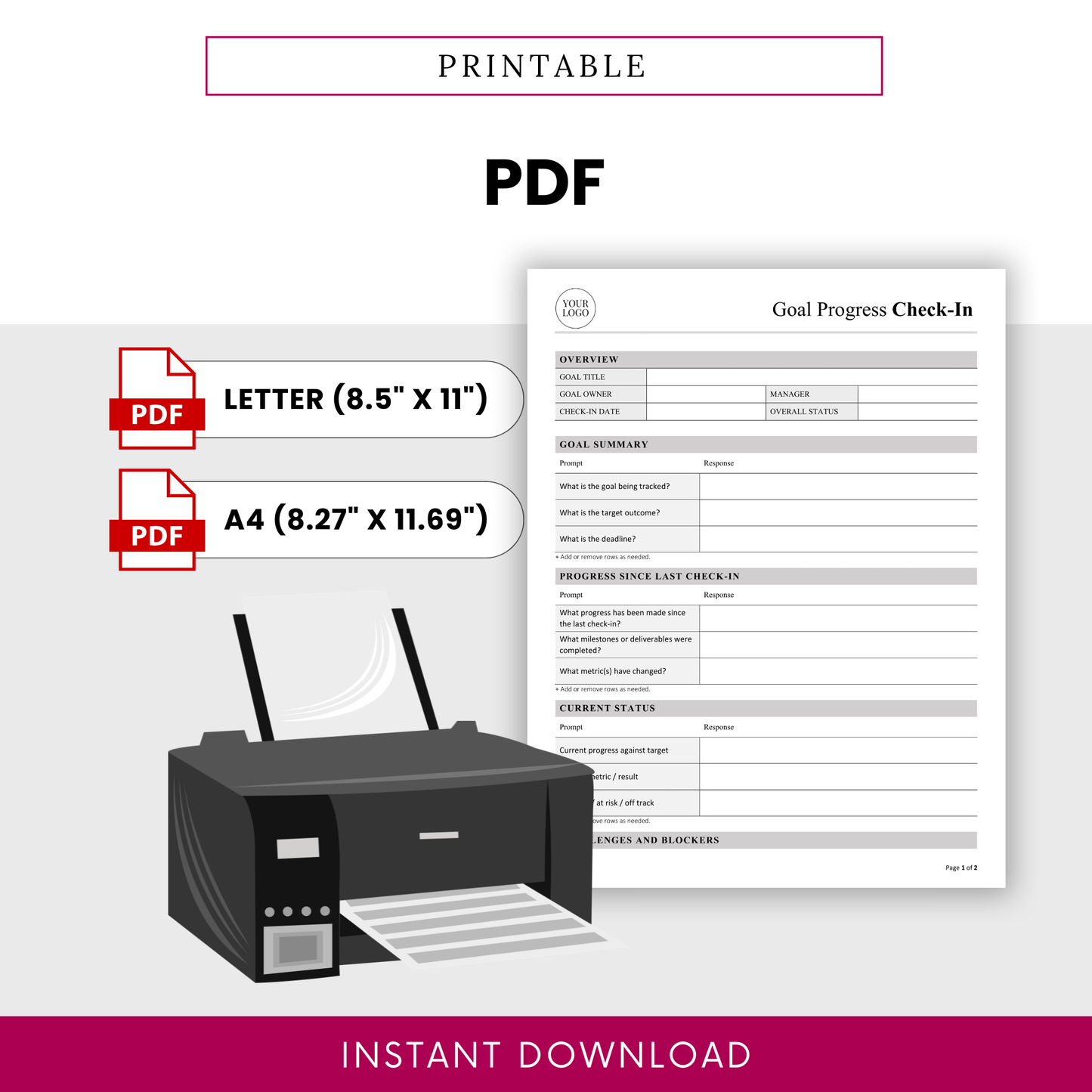 Printable goal progress check-in template in PDF format available in US Letter and A4 sizes, ideal for easy printing and structured progress documentation