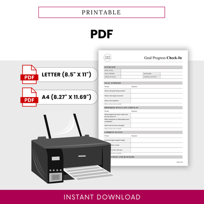 Printable goal progress check-in template in PDF format available in US Letter and A4 sizes, ideal for easy printing and structured progress documentation