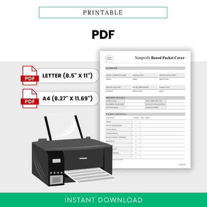 Printable nonprofit board packet cover PDF template in Letter and A4 sizes, created for nonprofit board meetings, packet organization, committee materials, and professional board document presentation with instant download access