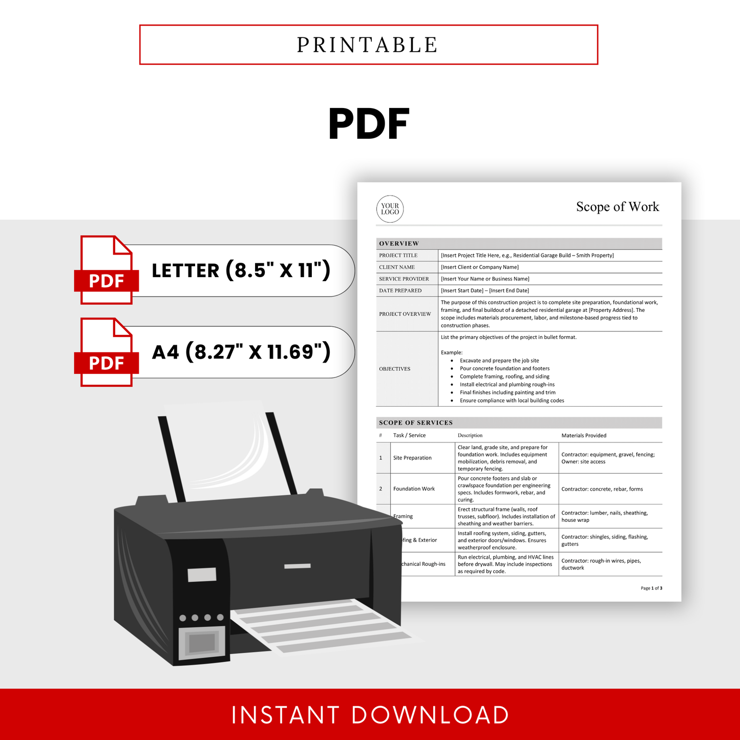 Printable Scope of Work Template PDF designed for clean, professional printing in both Letter and A4 sizes. This easy-to-use construction document template is perfect for sharing with clients, ensuring clarity in project scope, services, and expectations.