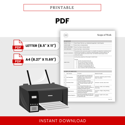 Printable Scope of Work Template PDF designed for clean, professional printing in both Letter and A4 sizes. This easy-to-use construction document template is perfect for sharing with clients, ensuring clarity in project scope, services, and expectations.