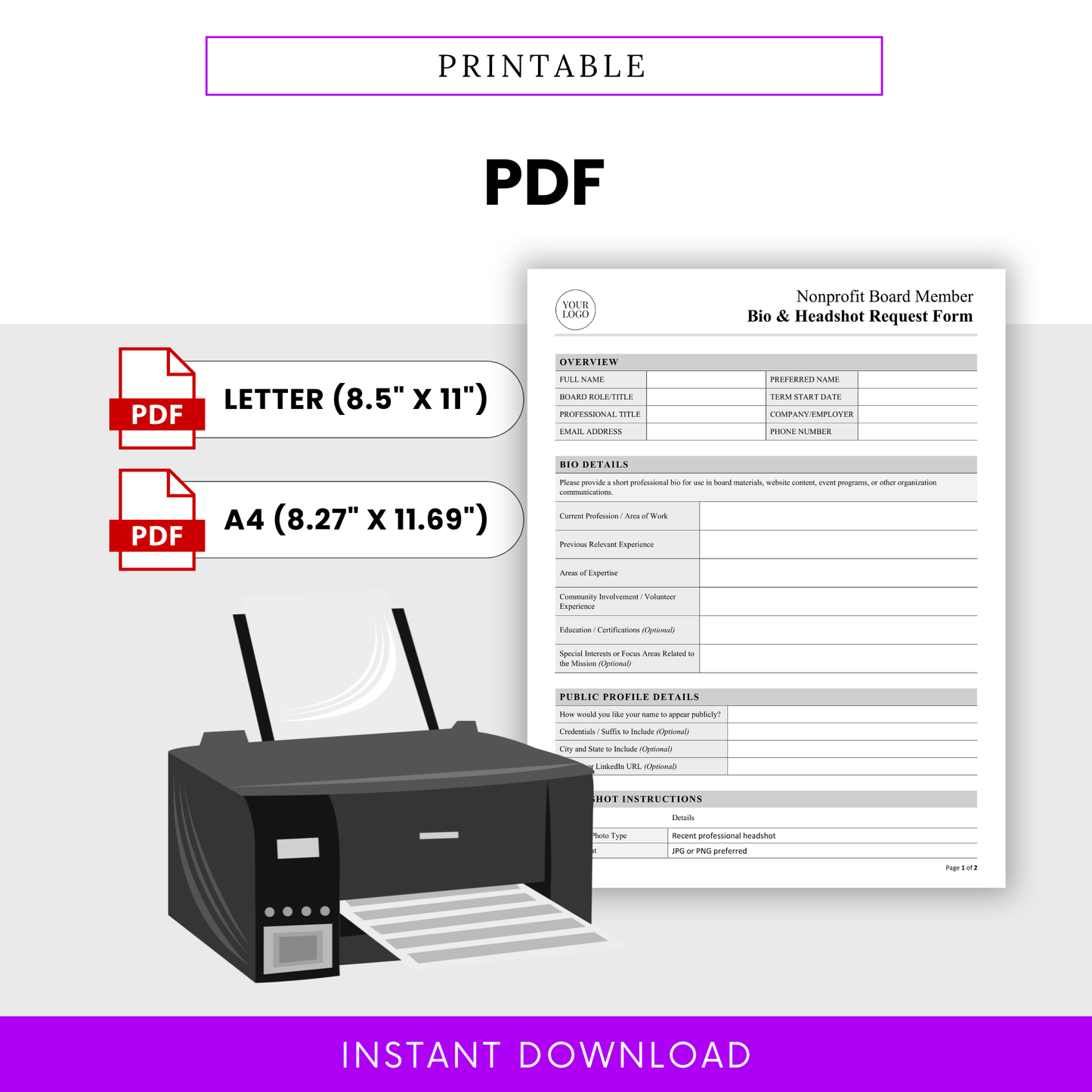 Printable nonprofit board member bio and headshot request form template in PDF format with Letter and A4 sizes, designed for easy printing, board member information collection, and nonprofit staff use