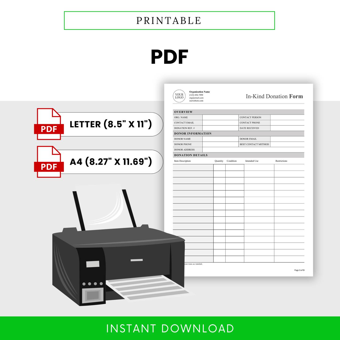 In-Kind Donation Form Template PDF version designed for easy printing in Letter and A4 sizes, shown with printer graphic. This printable donation form is perfect for charities, events, and organizations needing a ready-to-use document for tracking in-kind donations.