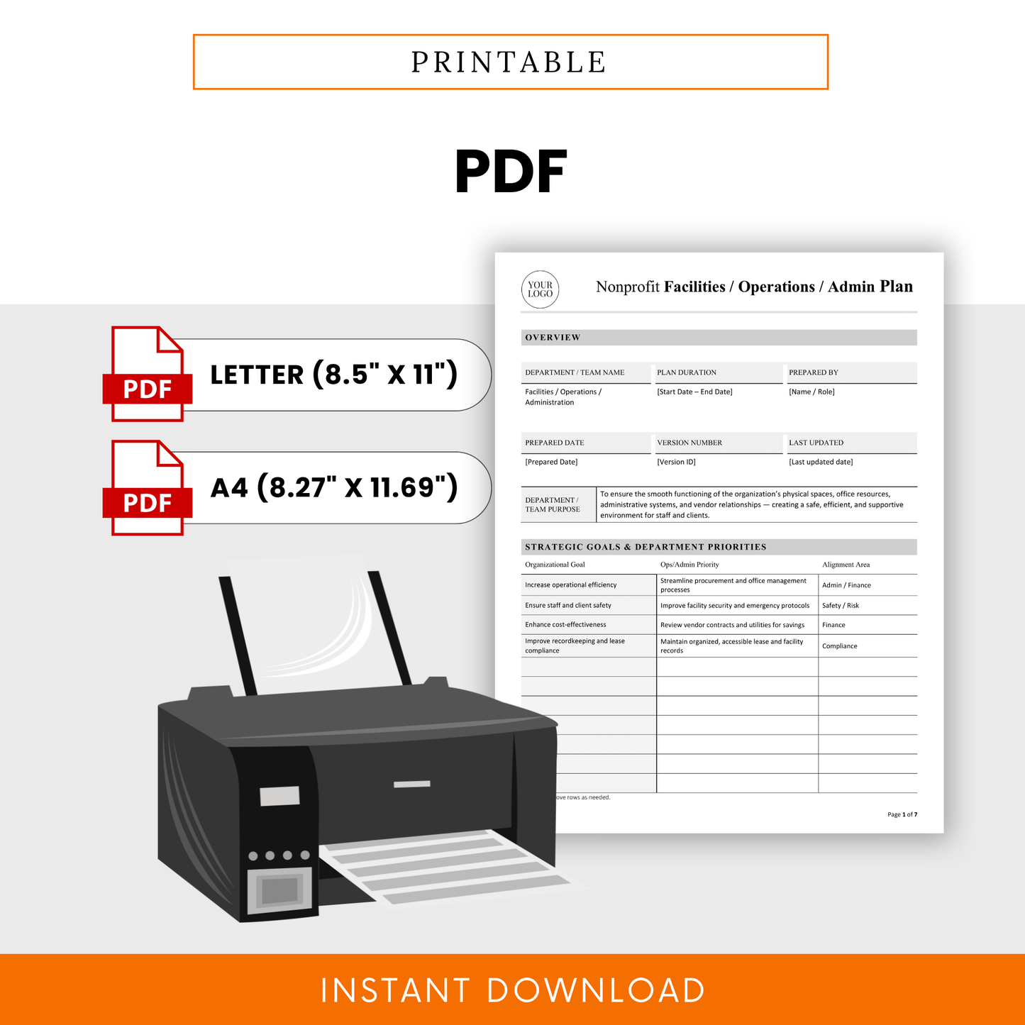 Printable nonprofit facilities admin plan PDF template with letter and A4 sizes, designed for easy printing and professional documentation