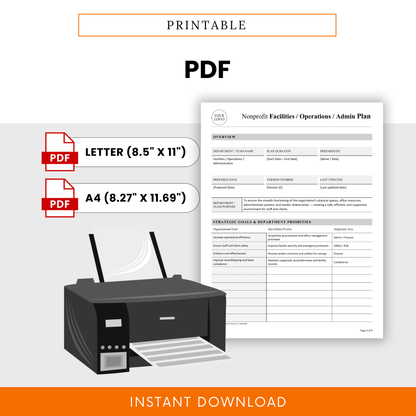 Printable nonprofit facilities admin plan PDF template with letter and A4 sizes, designed for easy printing and professional documentation