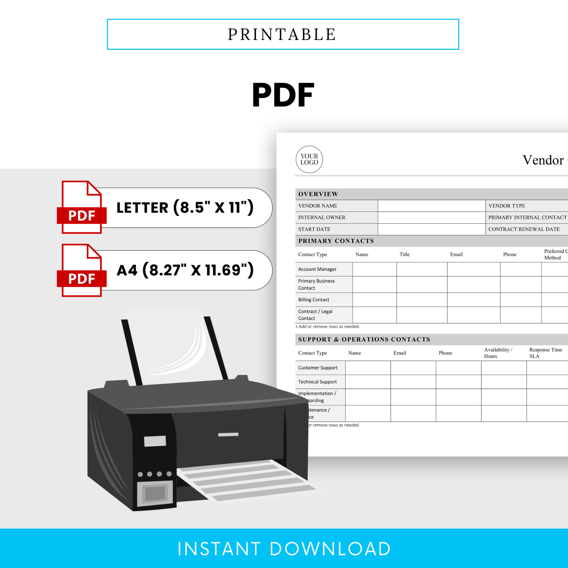 Vendor Contact Directory Template PDF designed for easy printing in both US Letter and A4 sizes, shown alongside a printer visual. This printable Vendor Contact Directory Template is perfect for offices that prefer physical documentation and organized vendor records.