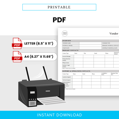 Vendor Contact Directory Template PDF designed for easy printing in both US Letter and A4 sizes, shown alongside a printer visual. This printable Vendor Contact Directory Template is perfect for offices that prefer physical documentation and organized vendor records.