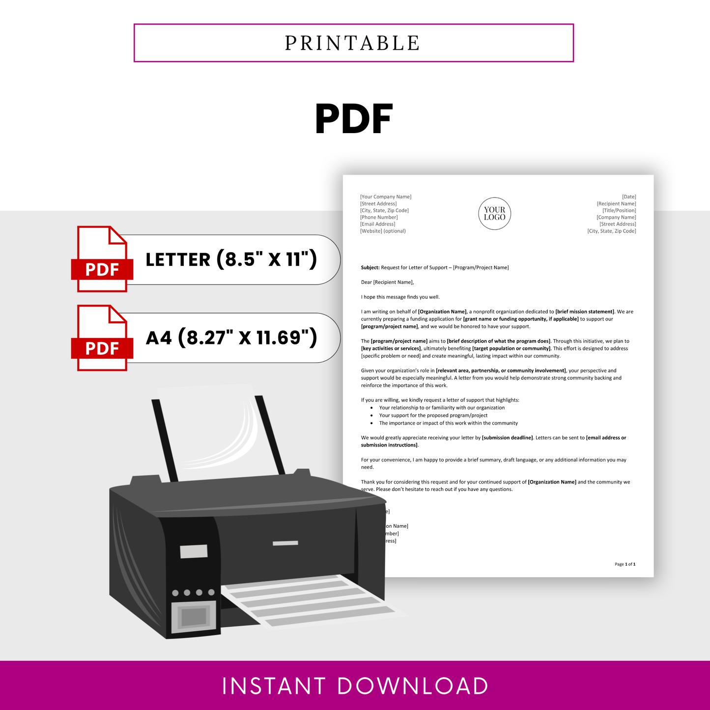 Nonprofit PDF document (request for a letter of support) with printer illustration and text on a white background