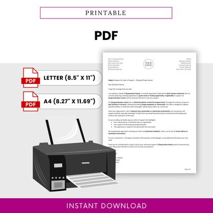 Nonprofit PDF document (request for a letter of support) with printer illustration and text on a white background