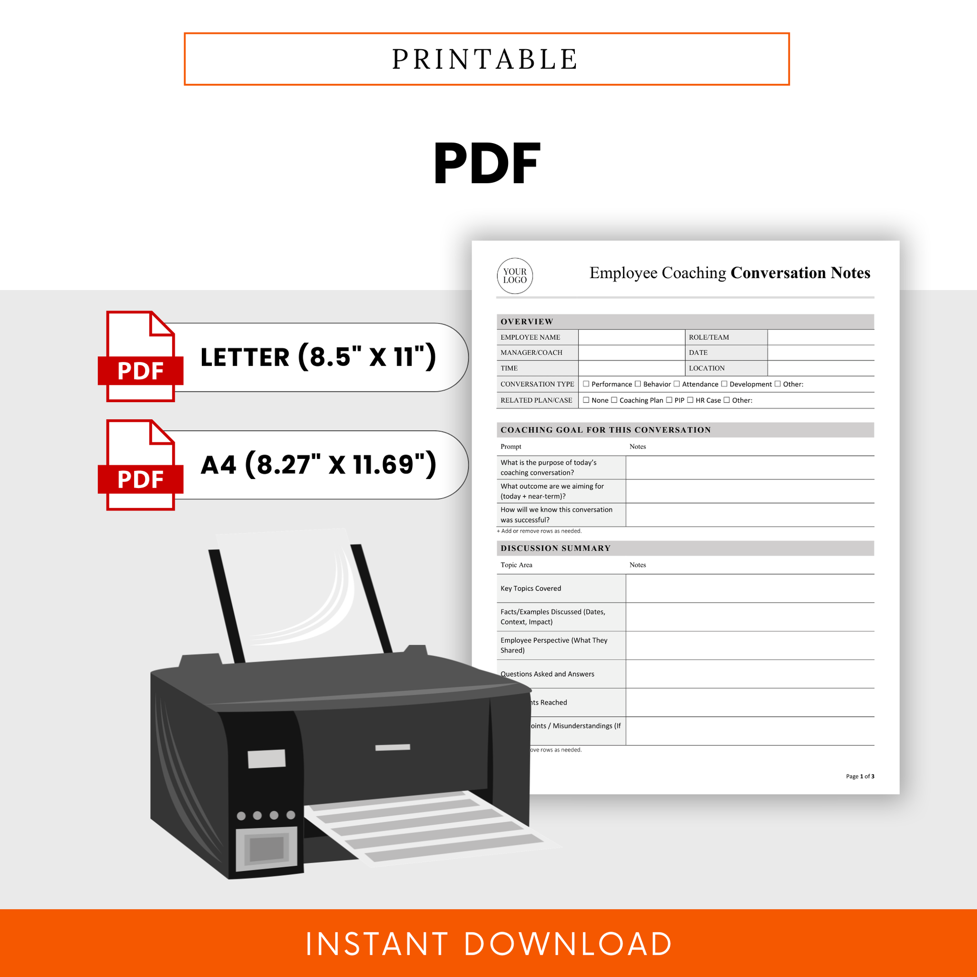 Printable employee coaching conversation notes PDF template, HR documentation form, letter and A4 sizes, instant download, performance management worksheet