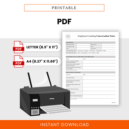 Printable employee coaching conversation notes PDF template, HR documentation form, letter and A4 sizes, instant download, performance management worksheet