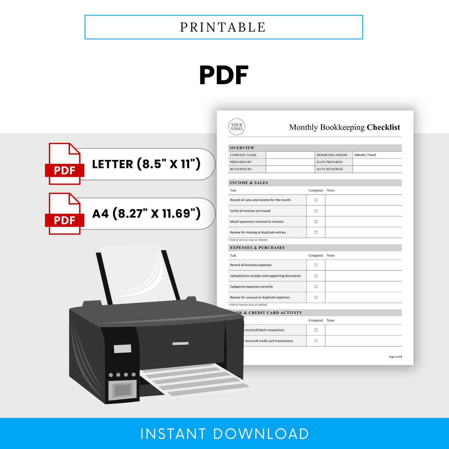 Printable monthly bookkeeping checklist template in PDF format with US Letter and A4 sizes, ideal for printing and manual financial tracking for small businesses and freelancers