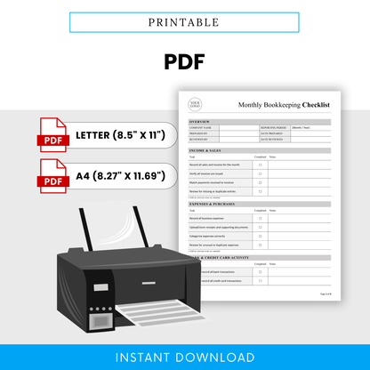 Printable monthly bookkeeping checklist template in PDF format with US Letter and A4 sizes, ideal for printing and manual financial tracking for small businesses and freelancers