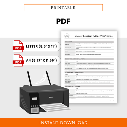 Manager boundary setting template printable PDF format, easy to print business communication scripts, letter and A4 sizes, workplace productivity tool