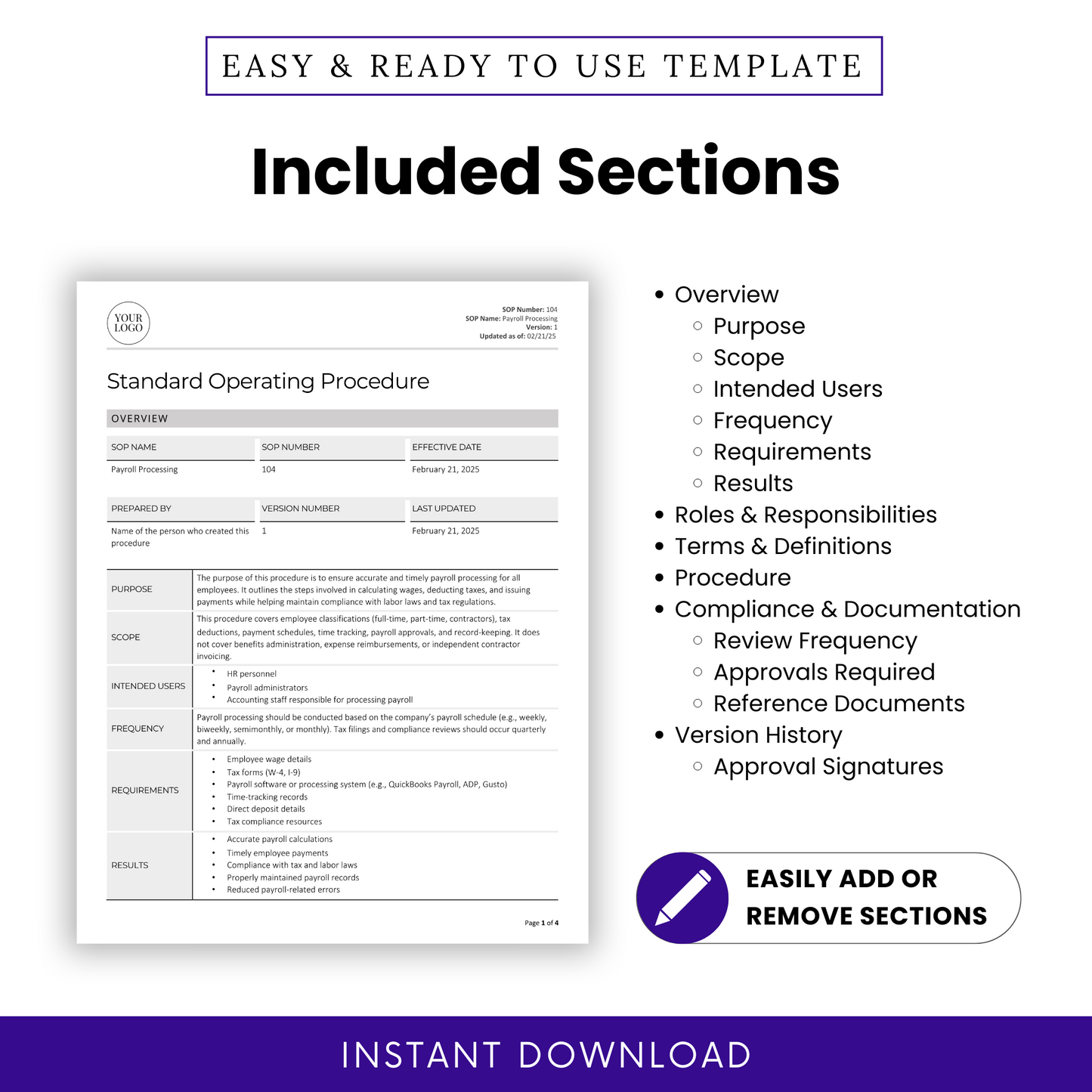 Payroll Processing SOP Template (Word & PDF) – Simple Standard Operating Procedure Template