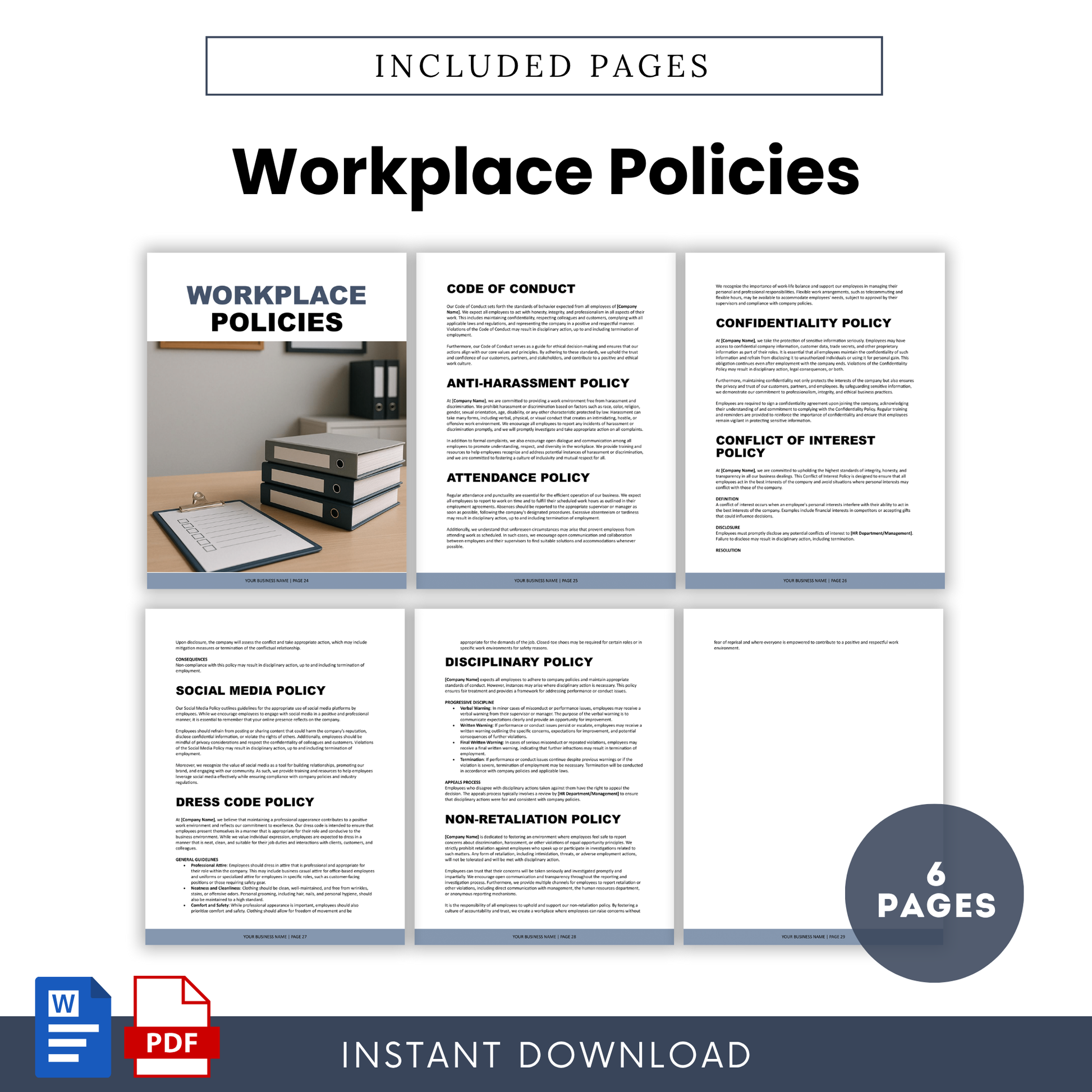 Workplace policies template including code of conduct, confidentiality, attendance, anti-harassment, and social media policy, professional HR document layout