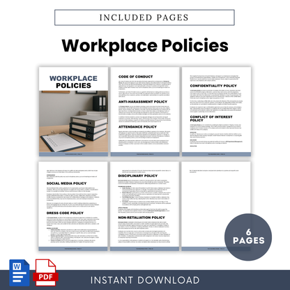 Workplace policies template including code of conduct, confidentiality, attendance, anti-harassment, and social media policy, professional HR document layout