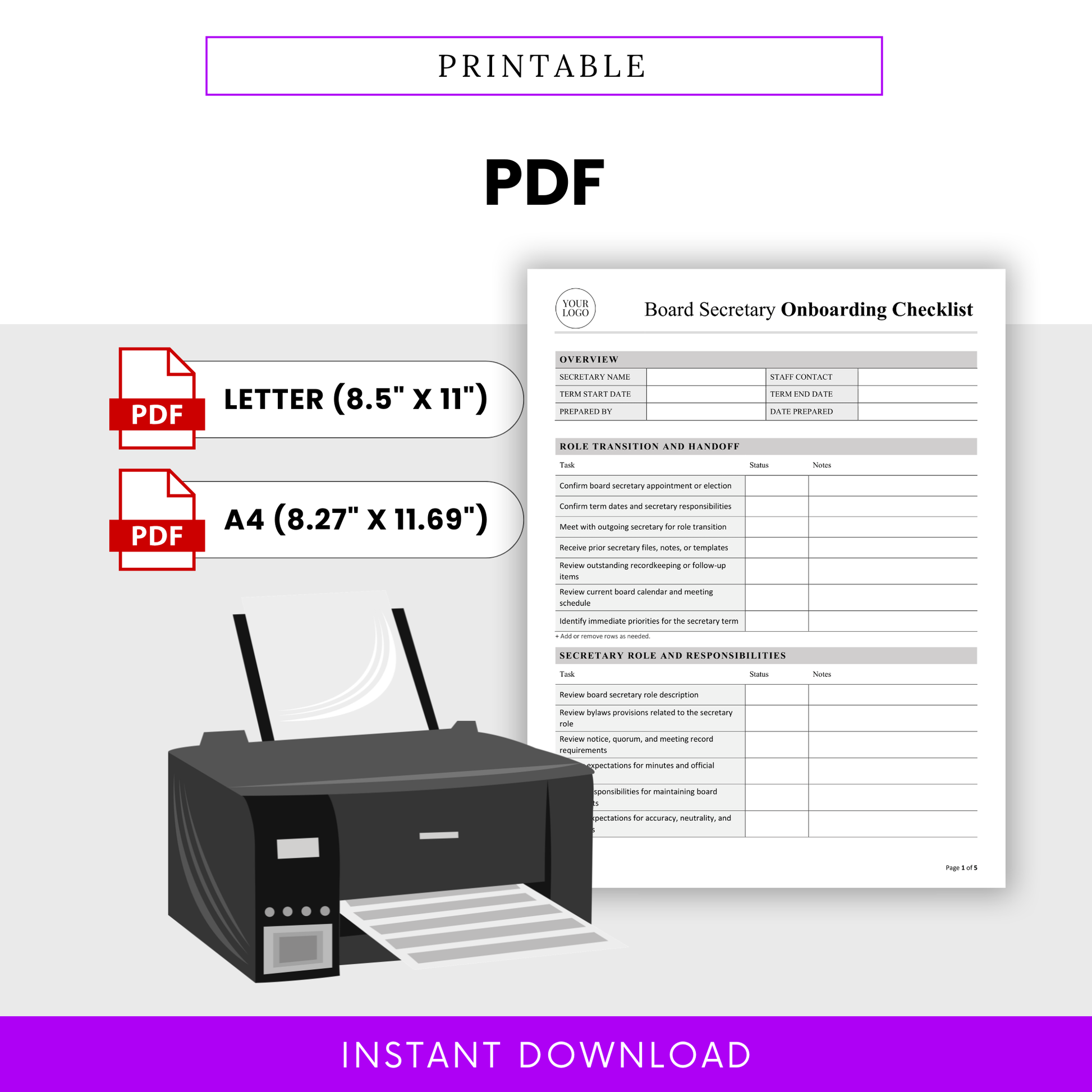 Printable PDF nonprofit board secretary onboarding checklist template in Letter and A4 sizes, ideal for nonprofit board meetings, secretary onboarding, governance planning, and organized recordkeeping