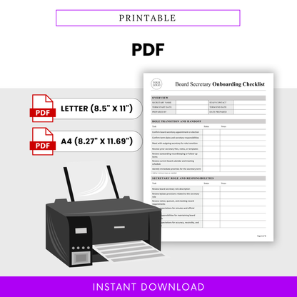 Printable PDF nonprofit board secretary onboarding checklist template in Letter and A4 sizes, ideal for nonprofit board meetings, secretary onboarding, governance planning, and organized recordkeeping