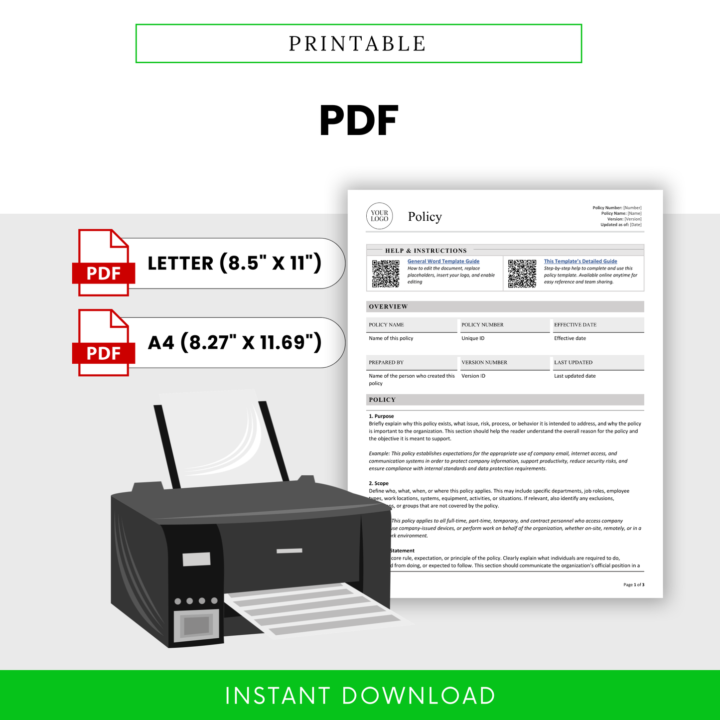 Printable PDF simple policy template available in Letter and A4 sizes, featuring a clean professional policy document layout for businesses, offices, and teams needing downloadable, print-ready internal policy and procedure templates