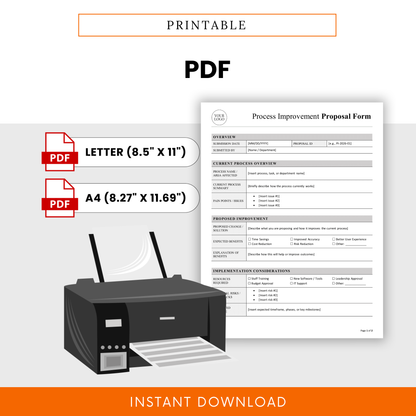 Printable PDF process improvement proposal form with clean layout, available in Letter and A4 sizes, ideal for business process documentation and improvement tracking