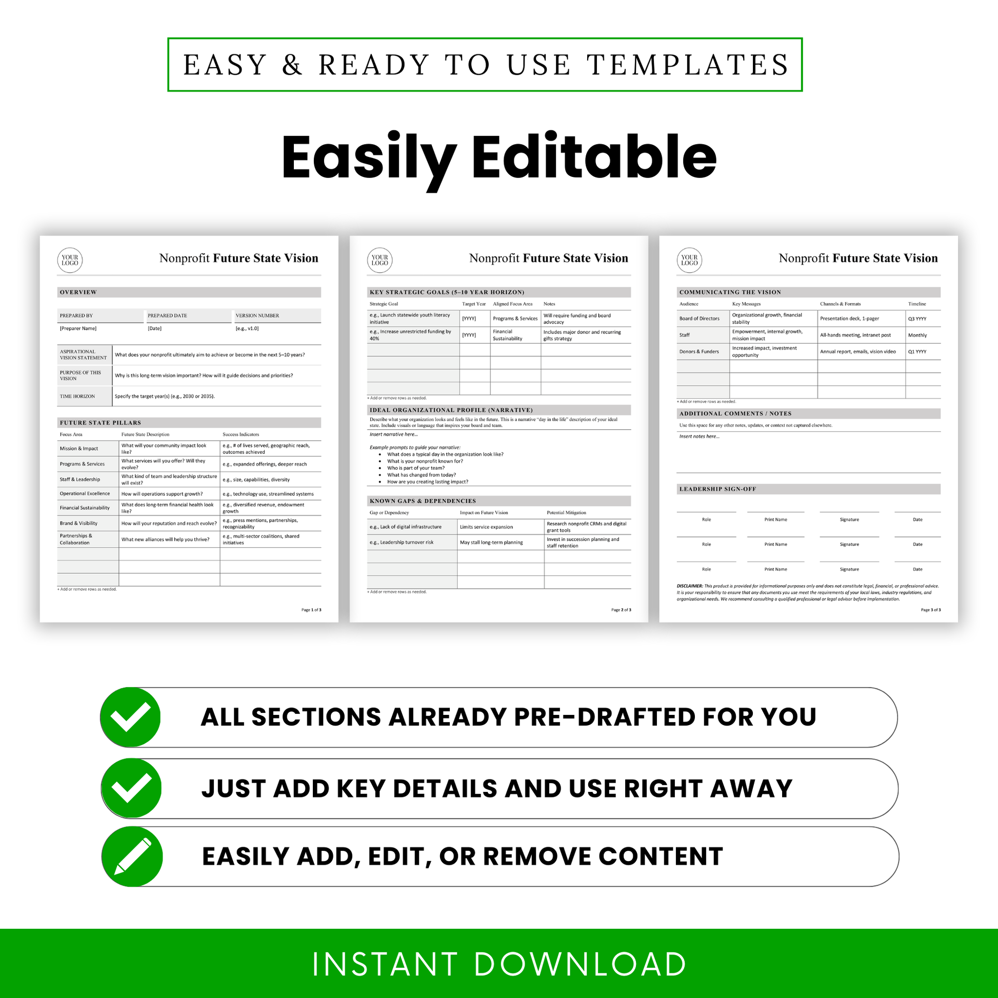 Fully editable nonprofit planning templates with pre-drafted sections, allowing users to quickly customize, update, and adapt content to fit their organization’s unique strategy and goals.