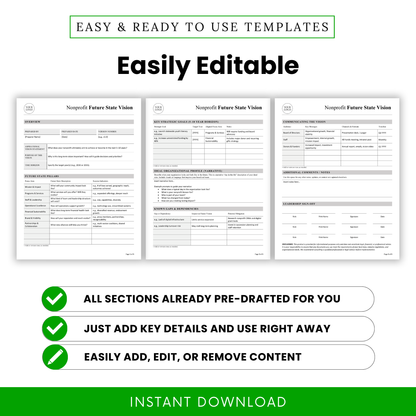 Fully editable nonprofit planning templates with pre-drafted sections, allowing users to quickly customize, update, and adapt content to fit their organization’s unique strategy and goals.