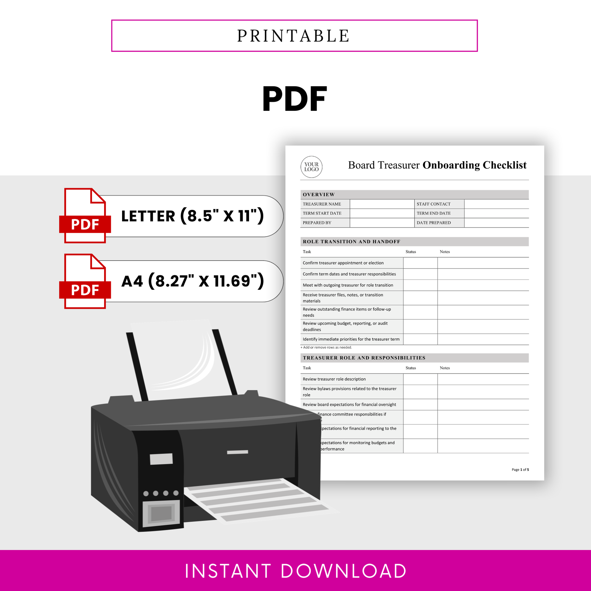 Printable nonprofit board treasurer onboarding checklist template in PDF format, available in US Letter and A4 sizes, designed for easy printing and organized board finance transition planning