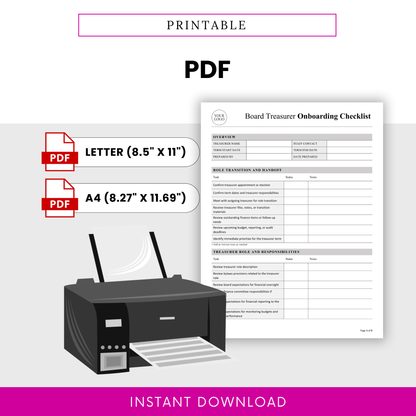 Printable nonprofit board treasurer onboarding checklist template in PDF format, available in US Letter and A4 sizes, designed for easy printing and organized board finance transition planning