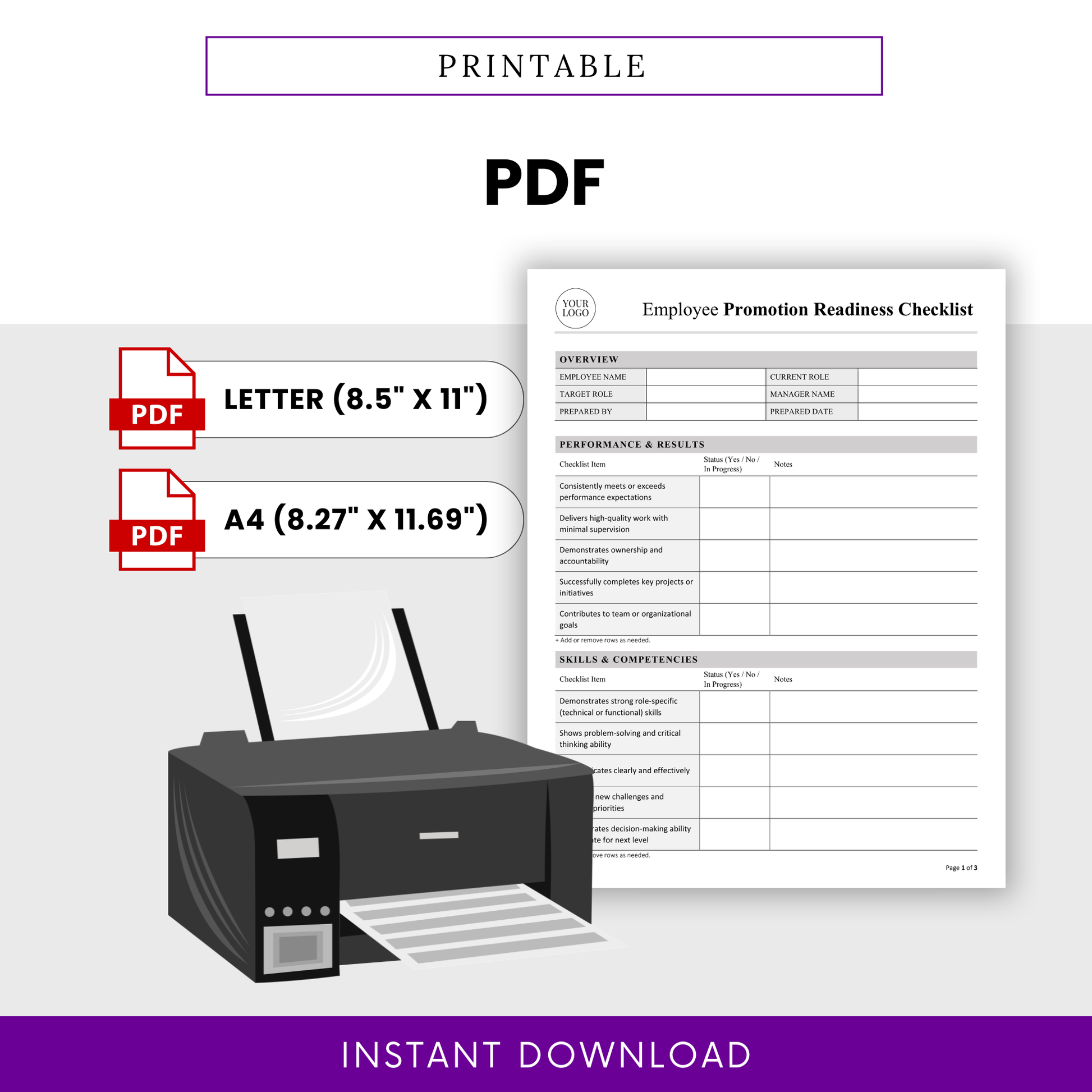 Printable employee promotion checklist template PDF version, HR performance evaluation form with letter and A4 sizes, office printer mockup