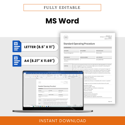 Simple SOP template in fully editable MS Word doc format for Password Management. Available in Letter (8.5” x 11”) and A4 (8.27” x 11.69”) sizes. Features a document preview displayed on a laptop screen, emphasizing easy customization. Includes Microsoft Word icons and an 'Instant Download' banner. Ideal for IT asset inventory, asset lifecycle management, IT asset management, and hardware retirement, access requests, new hire onboarding, and employee offboarding.