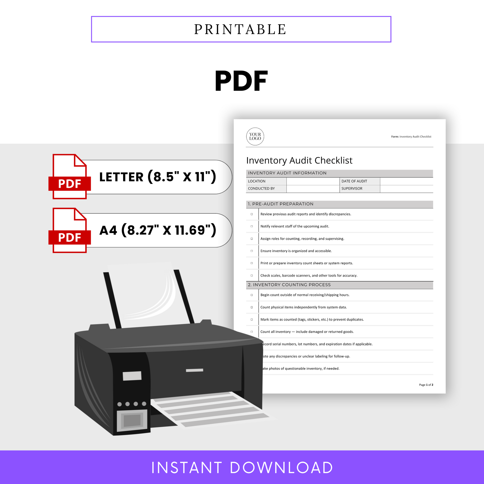 Printable PDF version of the Inventory Audit Checklist template with a printer icon, emphasizing compatibility with standard paper sizes: Letter and A4.
