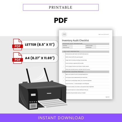 Printable PDF version of the Inventory Audit Checklist template with a printer icon, emphasizing compatibility with standard paper sizes: Letter and A4.