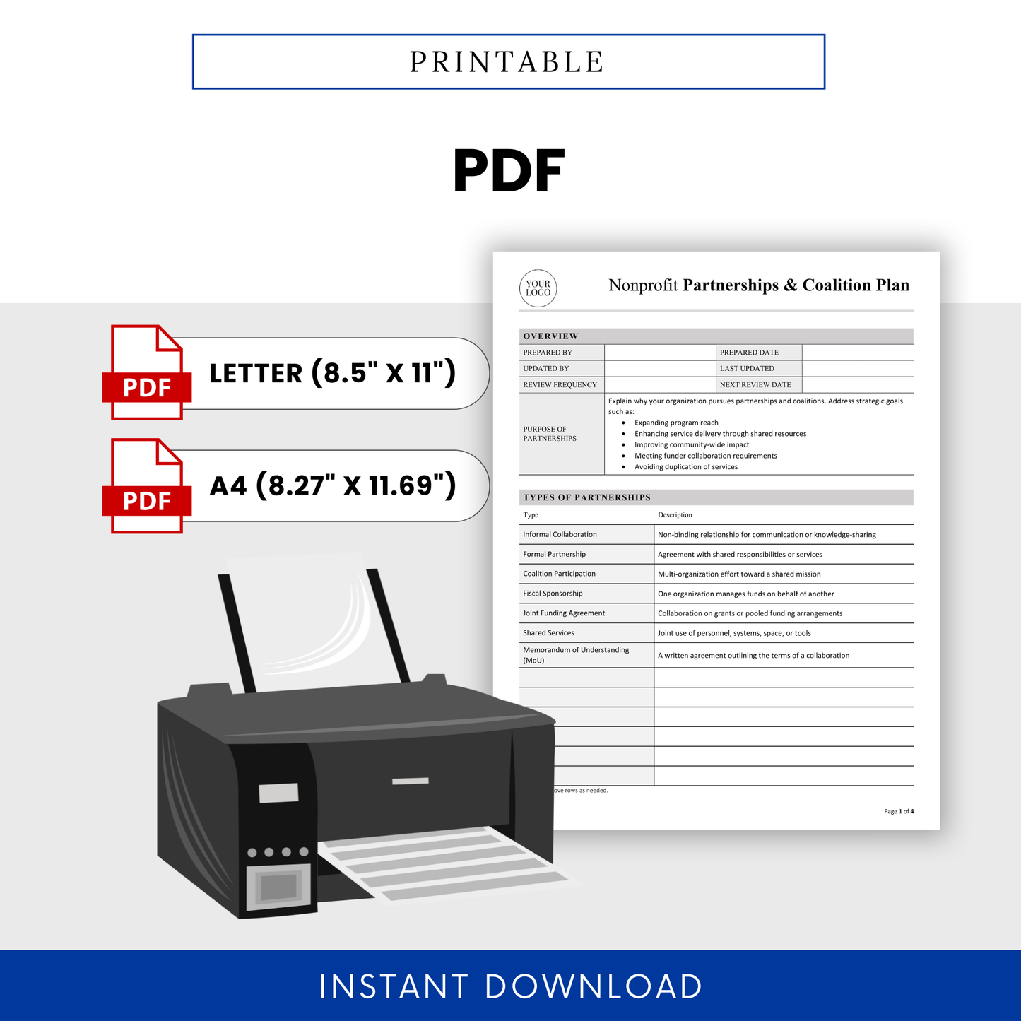 Printable nonprofit coalition plan template in PDF format with US Letter and A4 sizes, designed for easy printing and professional presentation