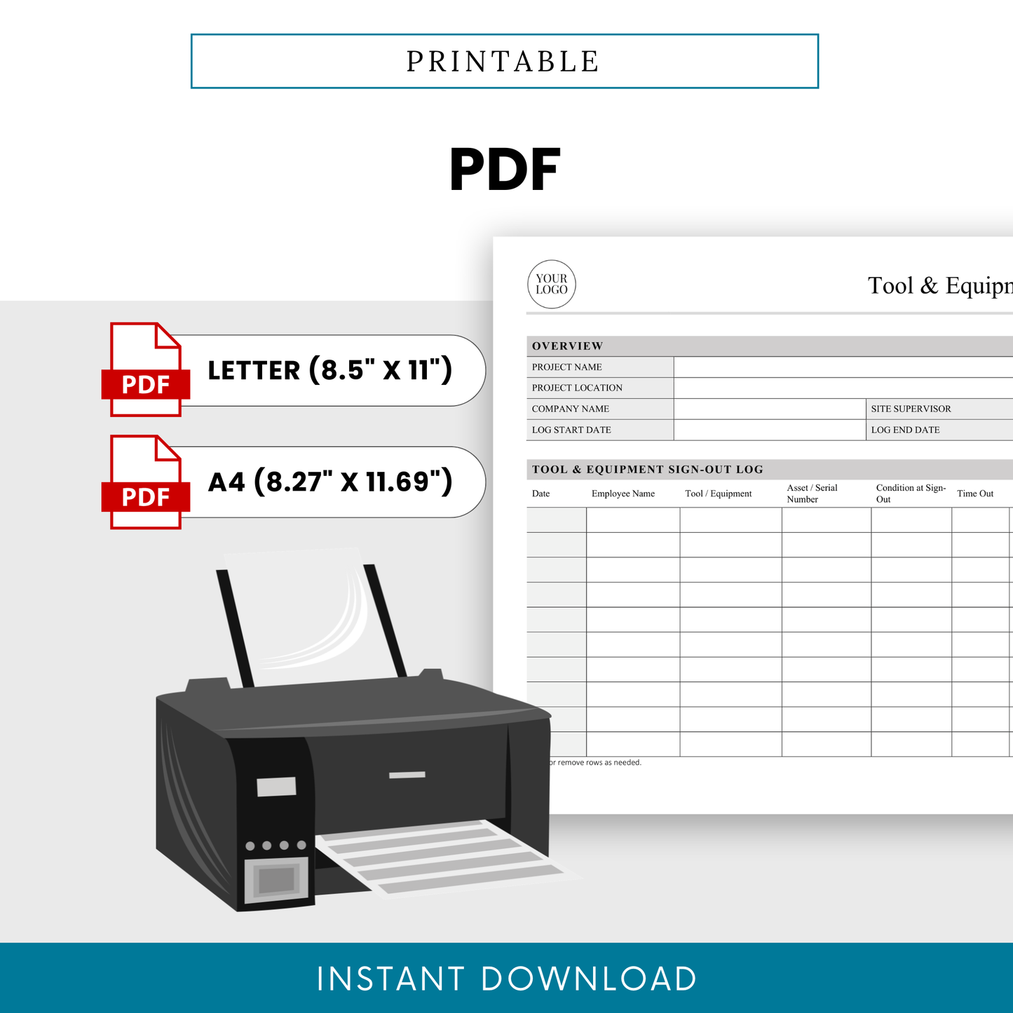 Printable Tool and Equipment Sign-Out Log PDF Template in Letter and A4 sizes for quick and easy printing.