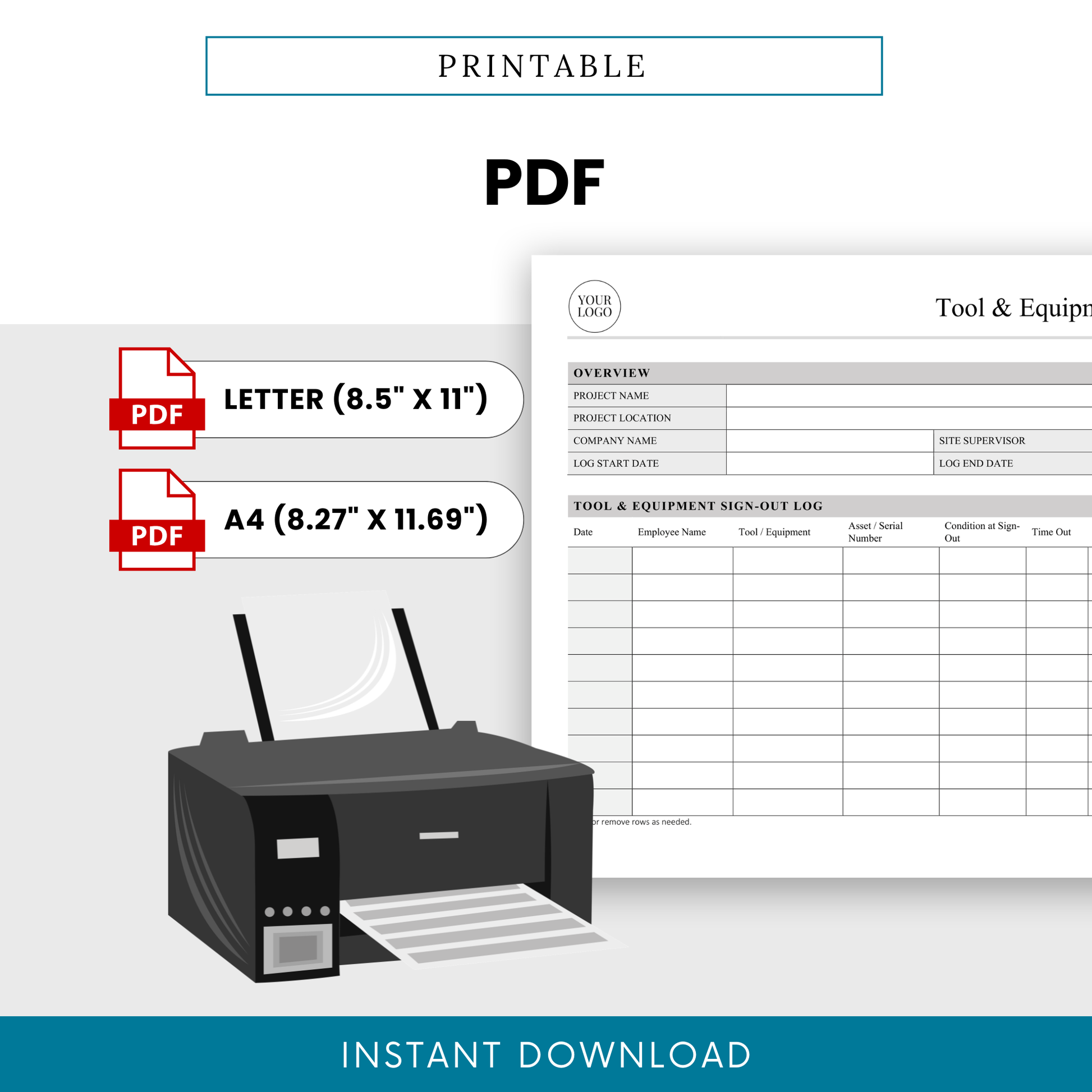 Printable Tool and Equipment Sign-Out Log PDF Template in Letter and A4 sizes for quick and easy printing.