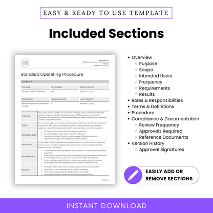 Included Sections in SOP Template – Fully editable Standard Operating Procedure (SOP) in Word and PDF format. This pre-drafted SOP template includes key sections: overview (purpose, scope, intended users, frequency, requirements, results), roles & responsibilities, terms & definitions, step-by-step procedures, compliance & documentation (review frequency, approvals, reference documents), and version history with approval signatures. Easily customize by adding or removing sections.