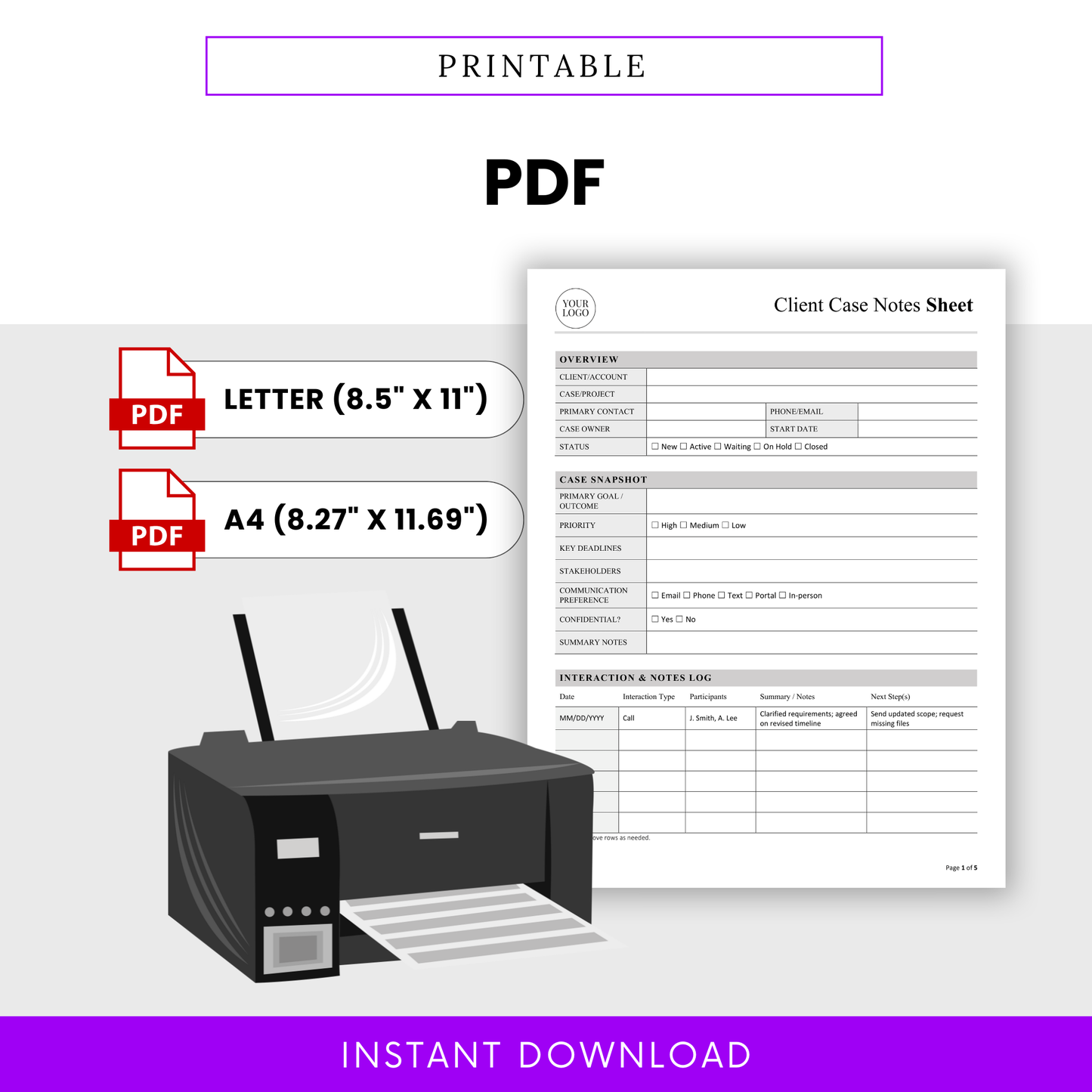 Printable client case notes sheet template in PDF format with letter and A4 sizes, ideal for physical documentation and organized record keeping