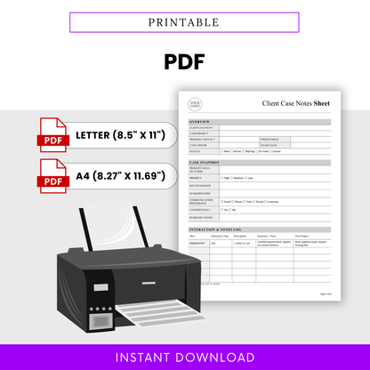 Printable client case notes sheet template in PDF format with letter and A4 sizes, ideal for physical documentation and organized record keeping