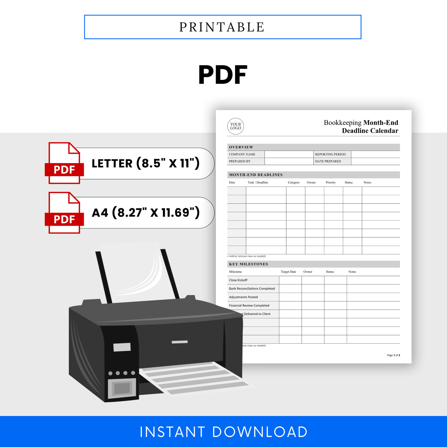 Printable bookkeeping template PDF, month-end deadline checklist, accounting planner, financial workflow tracker for accountants and small business use