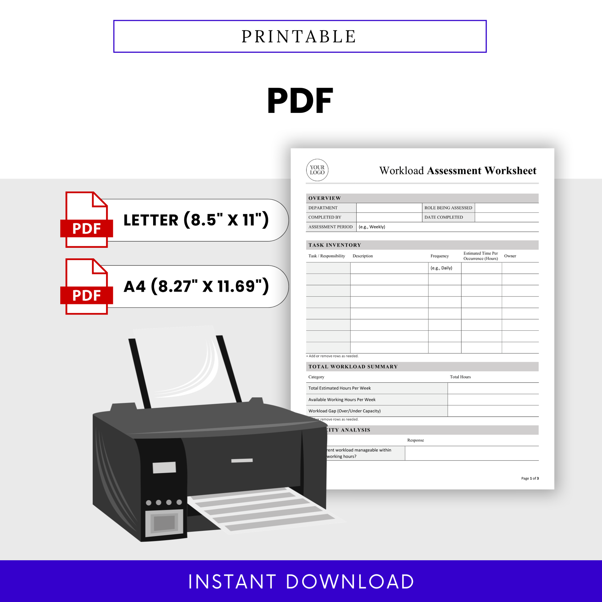 Printable workload assessment worksheet PDF with letter and A4 sizes, professional HR planning template for workload tracking, capacity analysis and team productivity management