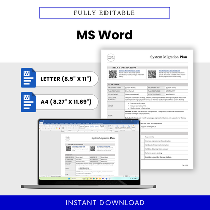 Fully editable Microsoft Word version of the system migration plan, designed in both US Letter and A4 sizes for easy customization and professional use.