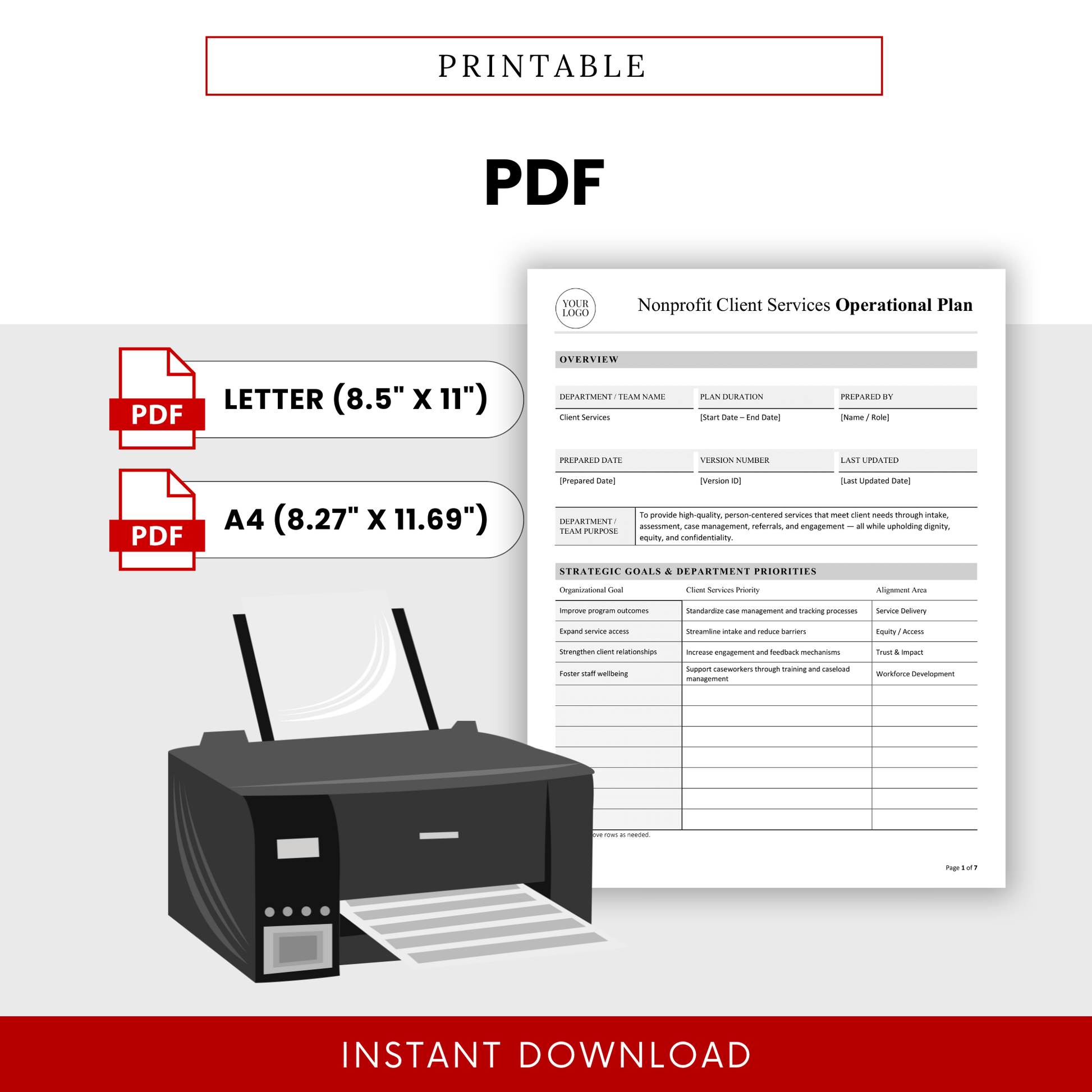 Printable nonprofit operational plan template PDF format for US Letter and A4 sizes, designed for easy printing and professional documentation