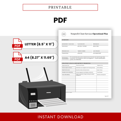 Printable nonprofit operational plan template PDF format for US Letter and A4 sizes, designed for easy printing and professional documentation
