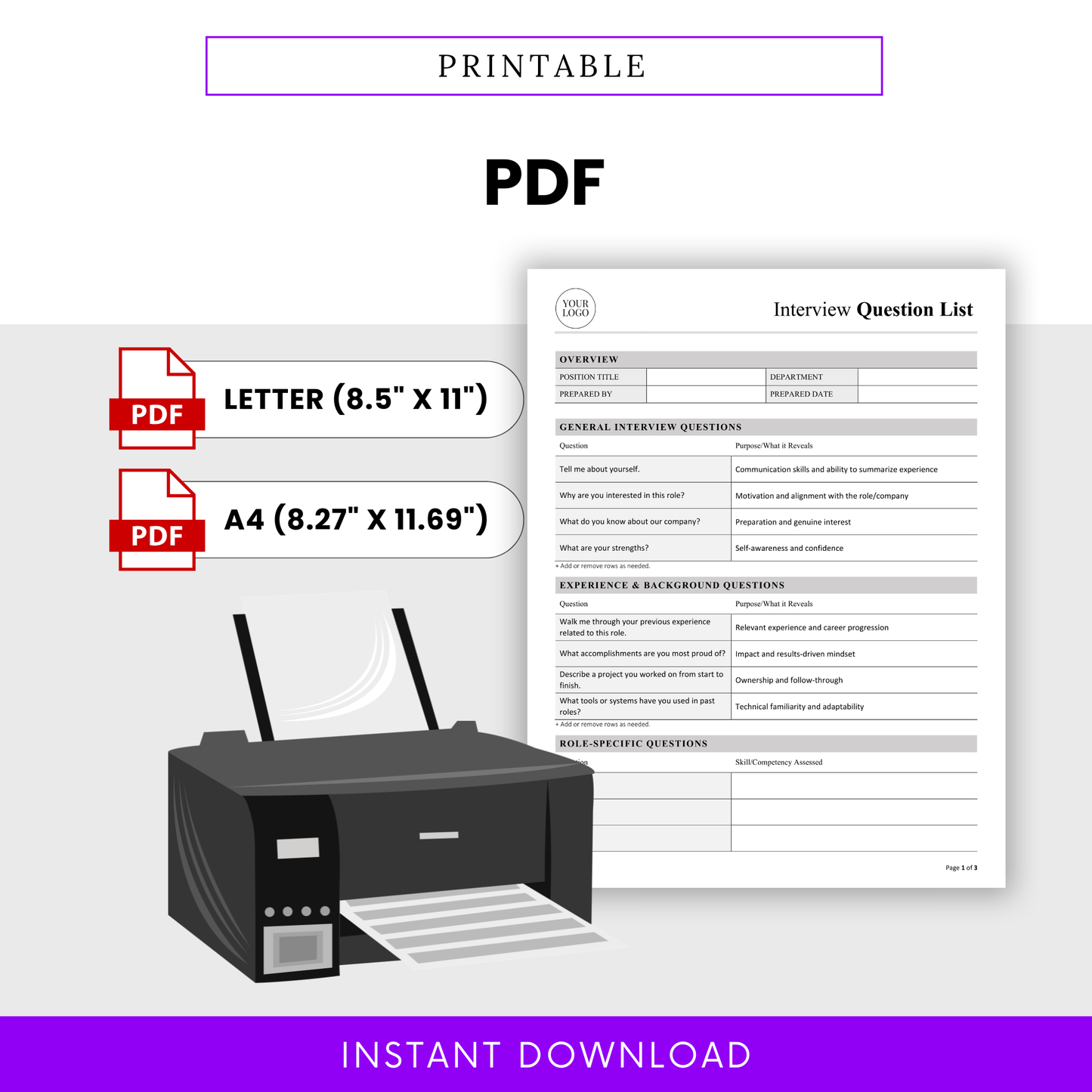 Printable interview questions template PDF in letter and A4 sizes, professional HR document ready for printing and candidate evaluation