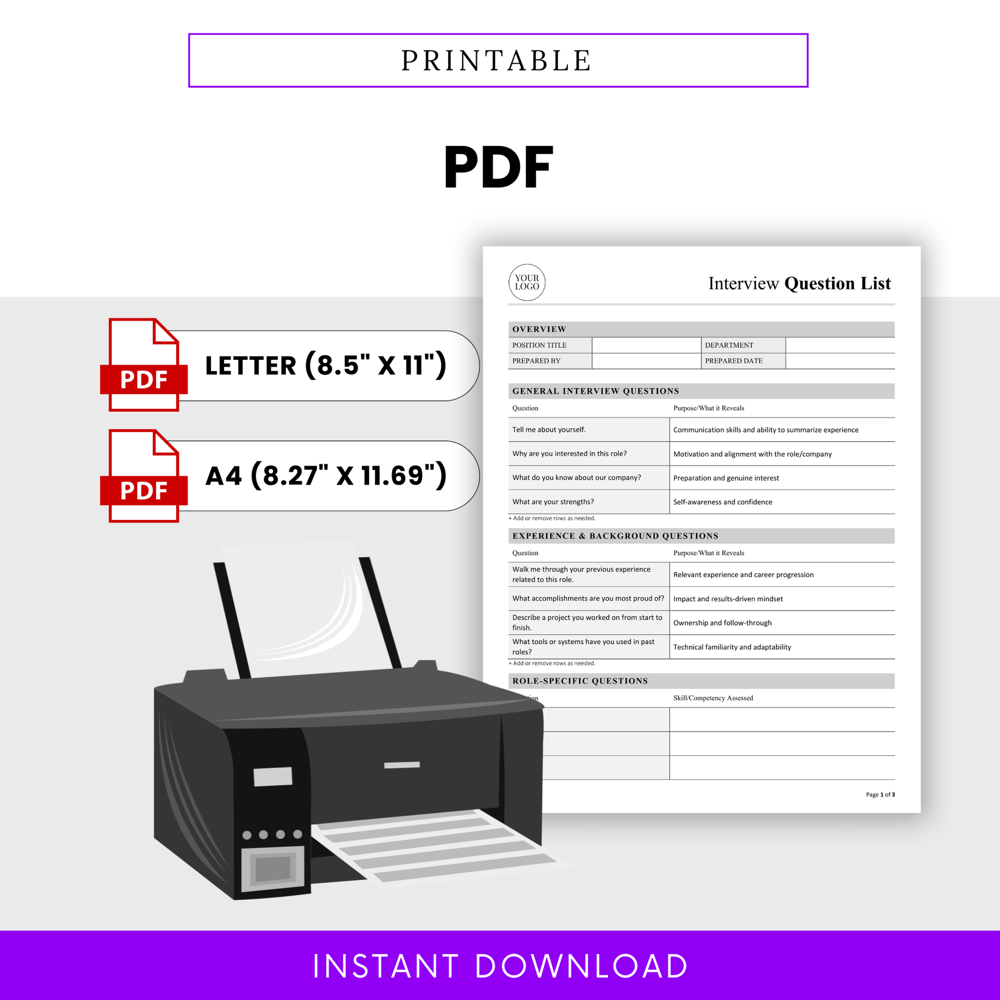 Printable interview questions template PDF in letter and A4 sizes, professional HR document ready for printing and candidate evaluation
